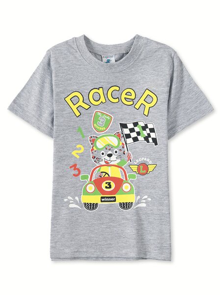 Футболка для мальчика Мальчикам Весёлый супер-слонёнок Серый меланж Машинка (фото 1)