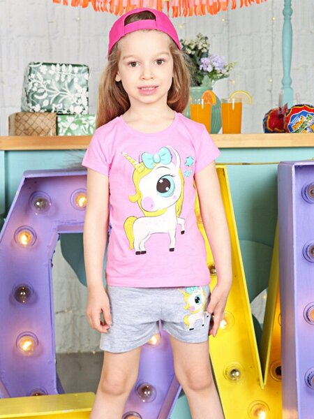 Костюм Девочкам Baby style Розовый; Серый меланж Единорог (фото 1)