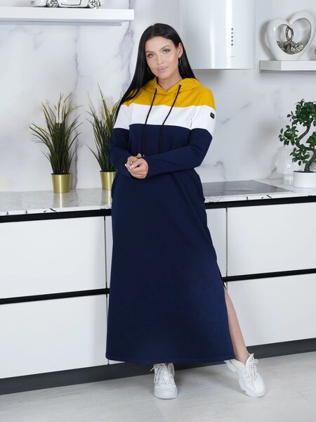 Платье Женщинам Россия Горчичный; Чёрный Полоска (фото 1)