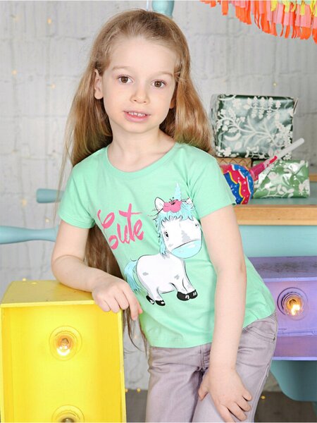 Футболка Девочкам Baby style Зелёный светлый Единорог (фото 1)