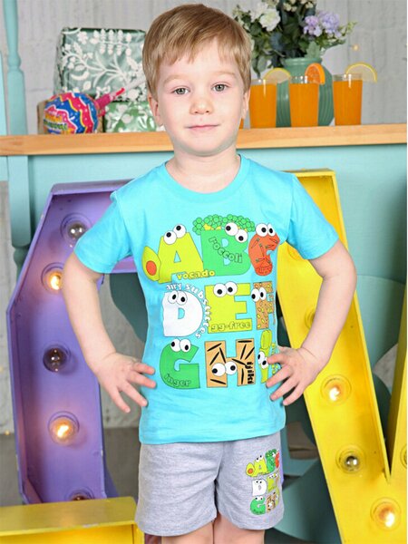 Костюм Мальчикам Baby style Голубой; Серый меланж Буквы (фото 1)