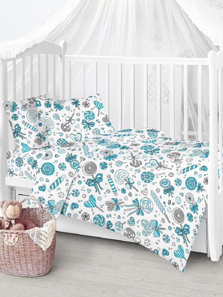 Комплект постельного белья Новорождённым Россия Белый; Синий Сладости (фото 1)