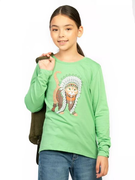 Лонгслив Девочкам Baby style Салатовый Котик (фото 1)