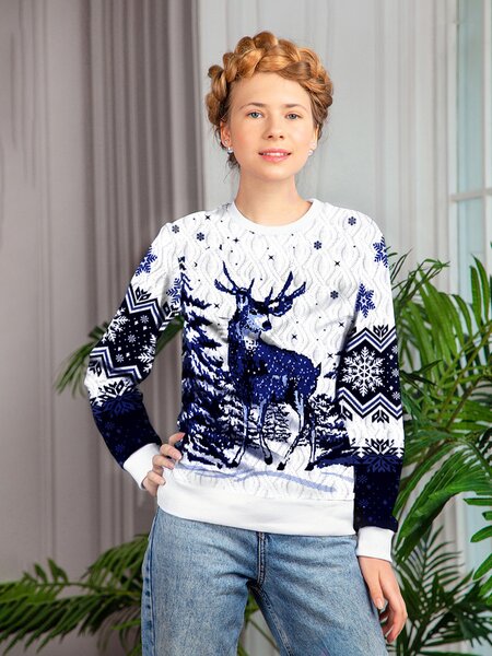 Свитшот Девочкам Стиляж Белый; Синий Олень (фото 1)