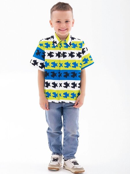 Рубашка Мальчикам Юлала Белый; Салатовый Рыбки (фото 1)